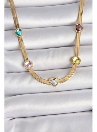 316L Çelik Gold Renk İtalyan Zincir Renkli Zirkon Taşlı Kalp Figür Kadın Kolye