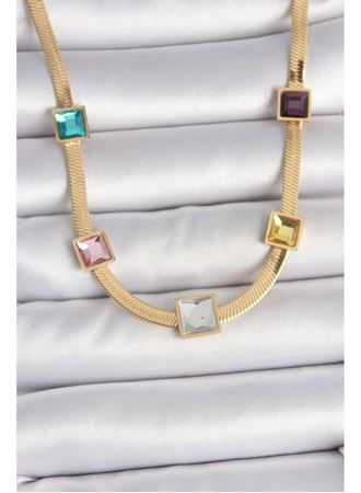 316L Çelik Gold Renk İtalyan Zincir Model Kare Renkli Zirkon Taşlı Kadın Kolye