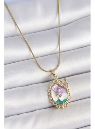 316L Çelik Gold Renk Zincir Mix Renk Mineli Çiçek İşlemeli Zirkon Taş Detaylı Portre Model Kadın Kolye