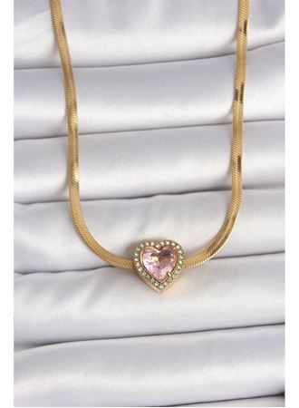 316L Çelik Gold Renk İtalyan Zincir Pembe Zirkon Taşlı Kalp Model Kadın Kolye