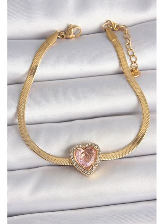 316L Çelik Gold Renk İtalyan Zincir Pembe Zirkon Taşlı Kalp Model Kadın Bileklik