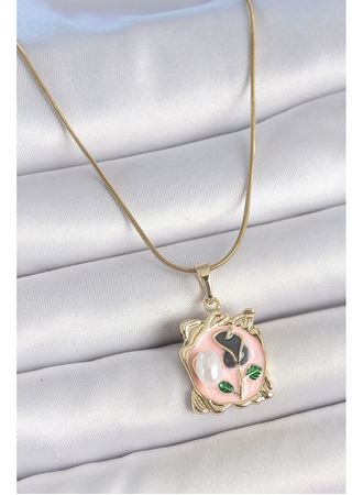 316L Çelik Gold Renk Zincir Pembe Mineli Çiçek İşlemli İnci Detay Portre Model Kadın Kolye