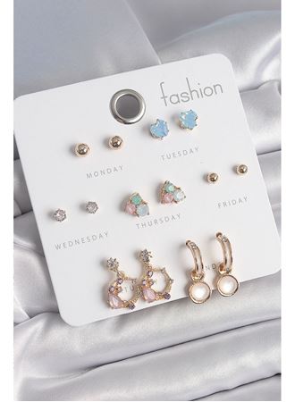 Pirinç Gold Renk Zirkon Taşlı Sallantı Halka Figür Kalp Detay 7 Çift Kadın Küpe