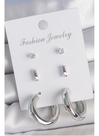 Pirinç Gümüş Renk Zirkon Taş Detay Halka Model 3 Çift Kadın Küpe Seti