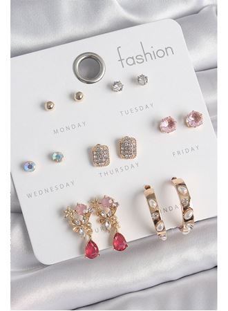 Pirinç Gold Renk Zirkon Taşlı Çiçek Figür İncili Halka Figür 7 Çift Kadın Küpe Seti