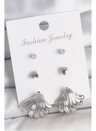 Pirinç Gümüş Renk Zirkon Taş Detaylı İnci Detaylı Deniz Kabuğu Model 3 Çift Kadın Küpe