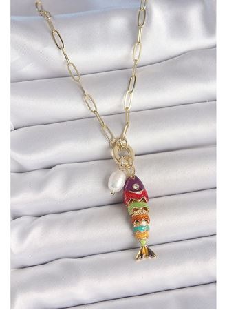 İnci Detaylı Zirkon Taşlı Rainbow Balık Figürlü Gold Renk Pirinç Kolye