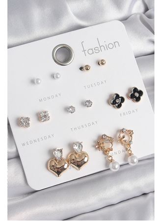 Pirinç Gold Renk Zirkon Taşlı Kalp Figür Siyah Yonca Detay 7 Çift Kadın Küpe Seti