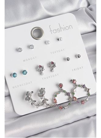 Pirinç Gümüş Renk Zirkon Taşlı Gül Figür Halka Model 7 Çift Kadın Küpe Seti