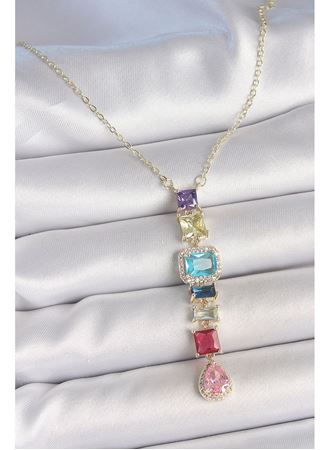 Gold Karışık Renk Zirkon Taşlı Y Pirinç Kolye