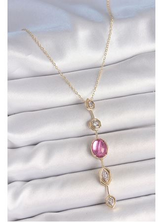 Pirinç Zincir Gold Renk Pembe Zirkon Taşlı Y Kolye