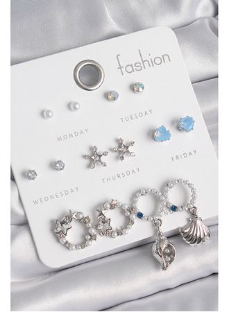 Pirinç Gümüş Renk İncli Zirkon Taşlı Halka Figür Yıldız Detay 7 Çift Kadın Küpe Seti