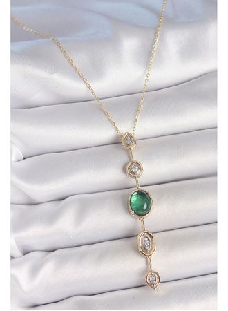 Pirinç Zincir Zümrüt Yeşil Gold Renk Zirkon Taşlı Y Kolye