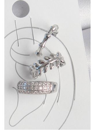 Pirinç Gümüş Renk Zirkon Taşlı 3'Lü Model Yaprak Figür Kadın Kıkırdak Küpe