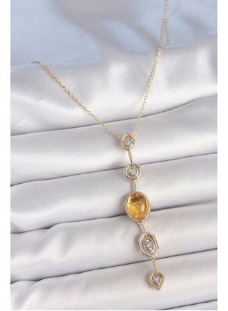Pirinç Zincir Kehribar Sarı Gold Renk  Zirkon Taşlı Y Kolye
