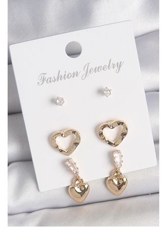 Pirinç Gold Renk Zirkon Taşlı Sallantı Kalp Model Kadın 3 Çift Küpe Seti
