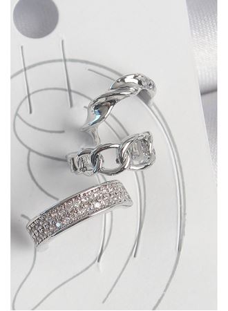 Pirinç Gümüş Renk Zirkon Taşlı 3'Lü Zincir Sarmal Model Kadın Kıkırdak Küpe