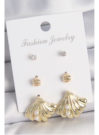 Pirinç Gold Renk Zirkon Taşlı İnci Detaylı Deniz Kabuğu Model 3 Çift Kadın Küpe Seti