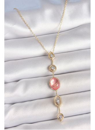 Pirinç Zincir Pembe Gold Renk Zirkon Taşlı Y Kolye