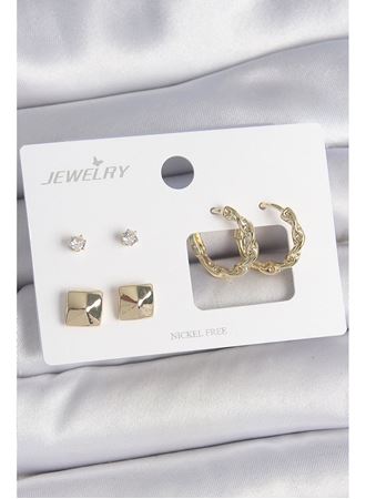 Pirinç Gold Renk Burgu Halka Model Zirkon Taşlı Kare Detay 3 Çift Kadın Küpe Seti
