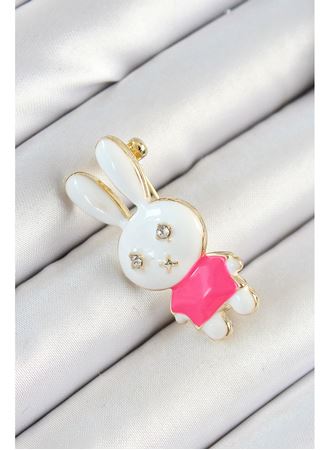Zirkon Taş Detaylı Beyaz Ve Pembe 3D Tavşan Figürlü Kadın Broş