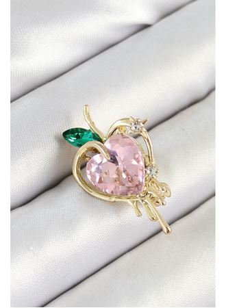 Pembe Ve Yeşil Zirkon Taşlı 3D Eriyen Kalp Figürlü Gold Renk Kadın Broş