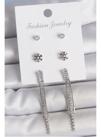 Pirinç Gold Renk Zirkon Taşlı Sallantılı Çiçek Detay 3 Çfit Kadın Küpe Seti