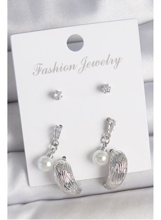 Pirinç Gümüş Renk Sallantılı Zirkon Taşlı Damla Model 3 Çift Kadın Küpe Seti