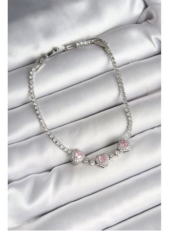 Pirinç Sıralı Pembe Kalp Figürlü Zirkon Taşlı Gümüş Renk Kadın Bileklik