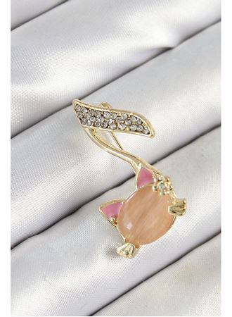 Zirkon Taşlı 3D Kedi Detaylı Nota Figürlü Gold Renk Kadın Broş