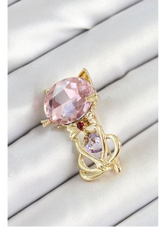 Pembe Zirkon Taşlı Kap Detaylı Kedi Figürlü Gold Renk Kadın Broş