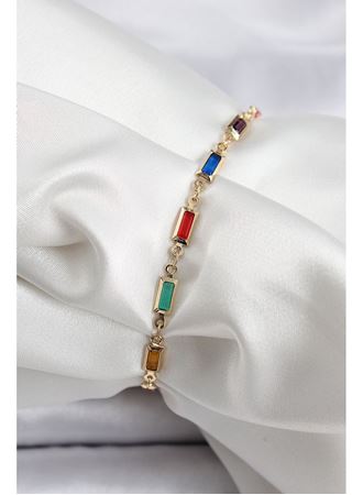 Pirinç Gold Renk Karışık Renkli Kare Zirkon Taşlı Kadın Bileklik