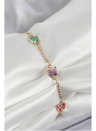 Pirinç Gold Renk Karışık Renk Kelebek Zirkon Taşlı Kadın Bileklik