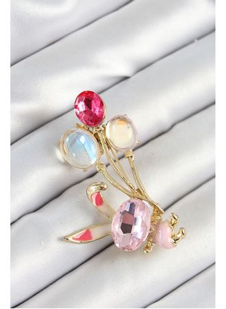 Zirkon Taşlı  Balonlu Pembe Tavşan Figürlü Gold Renk Kadın Broş