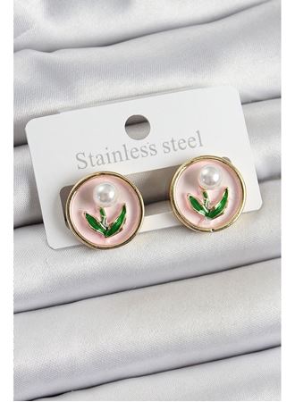 Pirinç Pembe Mineli Lale Figürlü Sanatsal Portre Model Gold Renk Kadın Küpe