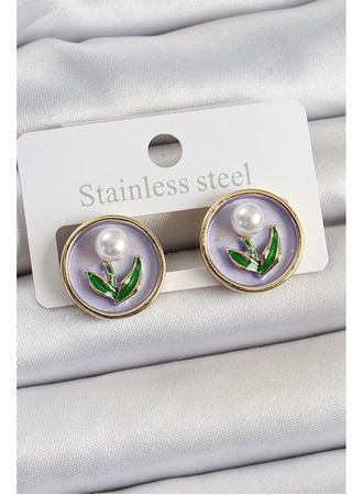 Pirinç Mor Mineli Lale Figürlü Sanatsal Portre Model Gold Renk Kadın Küpe