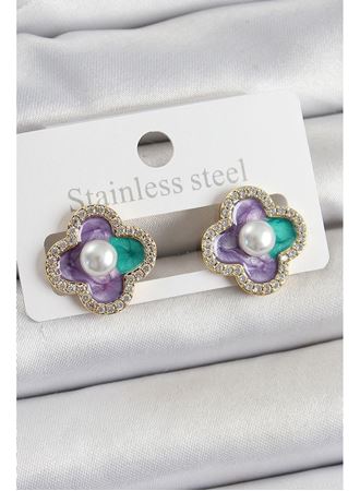 Pirinç Mor Mineli İnci Detaylı Zirkon Taşlı Sanatsal Portre Yonca Model Gold Renk Kadın Küpe