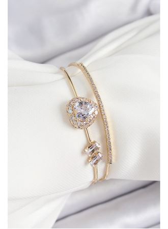 Pirinç Gold Renk Kalpli Zirkon Taşlı Kadın Bileklik