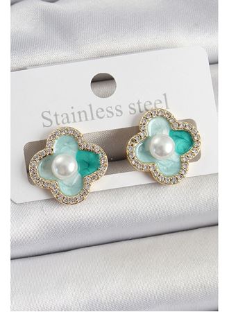 Pirinç Yeşil Mineli İnci Detaylı Zirkon Taşlı Sanatsal Portre Yonca Model Gold Renk Kadın Küpe