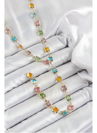 Pirinç Asorti Kare Model Gold Renk Zirkon Taşlı Y Kolye