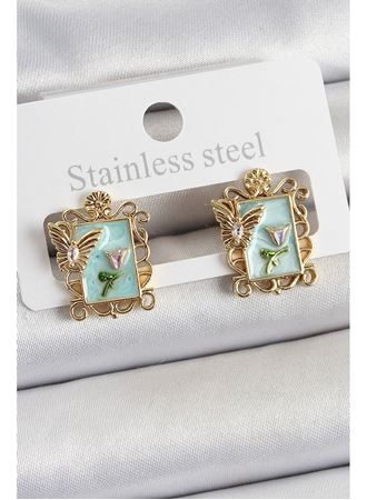 Pirinç Yeşil Mineli Sanatsal Portre Model Gold Renk Kadın Küpe