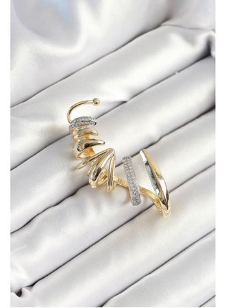 Pirinç Zirkon Taş Kaplamalı Sarmal Figürlü Gold Renk Kadın Sağ Kıkırdak Küpe