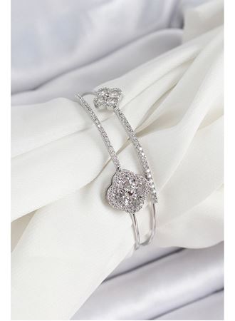 Pirinç Gümüş Renk Zirkon Taşlı Yonca Model 2'li Kadın Bileklik