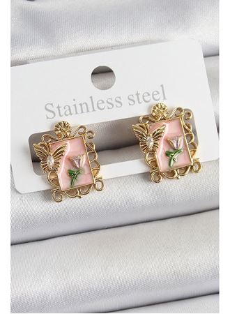 Pirinç Pembe Mineli Sanatsal Portre Model Gold Renk Kadın Küpe