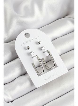 Pirinç Zirkon Taş Ve Dikdörtgen Figürlü Gümüş Renk 3'lü Çift Kadın Küpe Set