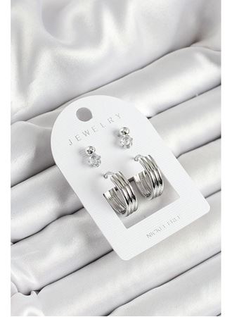 Pirinç Zirkon Taş Ve Halka Figürlü Gümüş Renk 3'lü Çift Kadın Küpe Set