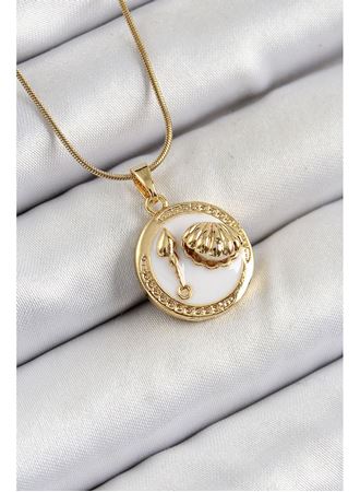 316L Çelik Zincir Beyaz Mineli Sanatsal Portre İstiridye Model Gold Renk Kadın Kolye