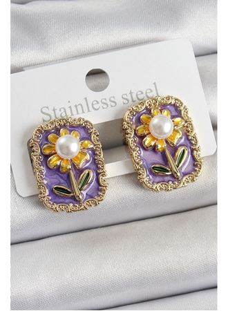 Pirinç Mor Mineli Papatya Figürlü Sanatsal Portre Model Gold Renk Kadın Küpe