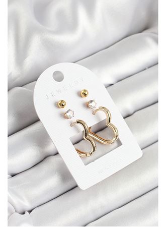 Pirinç Zirkon Taş Ve Kalp Figürlü Gold Renk 3'lü Çift Kadın Küpe Set