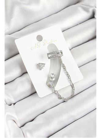 Pirinç Üçgen Figürlü Zirkon Taşlı Gümüş Renk 3'lü Kıkırdak Kadın Küpe Set
